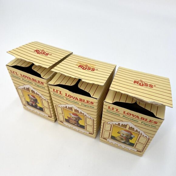 3 Russ Berrie Li'l Lovables Mini Porcelain Figurine Christmas Ornaments Cat Bear - Picture 8 of 9